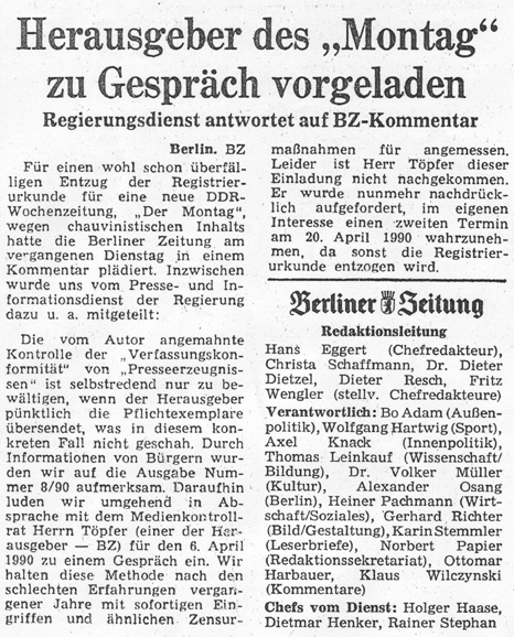 Der Montag, 1989, Alexander Osang, Berliner Zeitung, Angela Merkel, Bo Adam, Holger Haase, Dietmar Henker, Rainer Stephan, Volker Mller